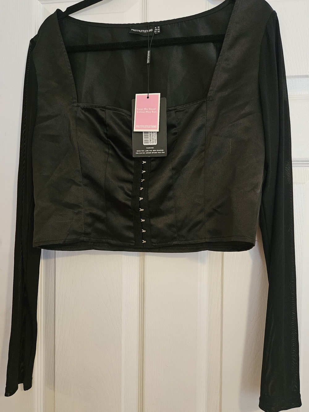 NWT PRETTYLITTLETHING Black Long Sleeve Corset Top. Size US10.